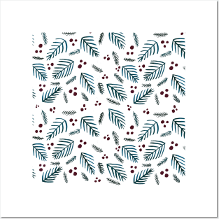 Christmas tree branches and berries - teal and burgundy Posters and Art